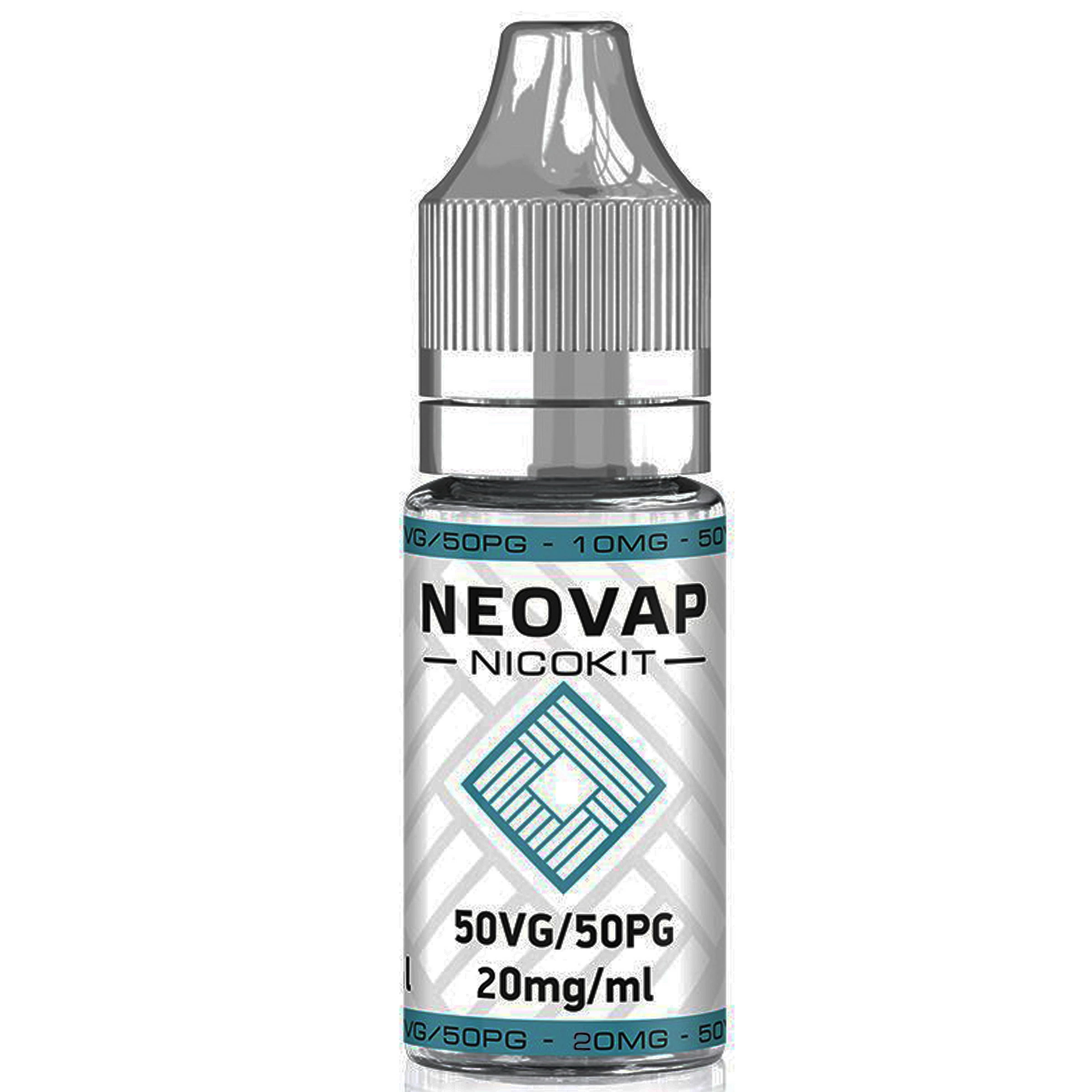 Frasco Neovap Nicokit con tapón gris y etiqueta plateada y turquesa que indica 50VG/50PG y 20 mg/ml.