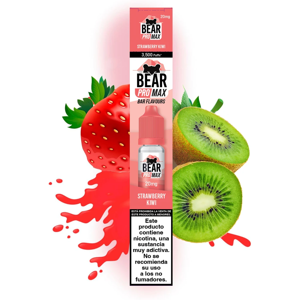 Caja rosa Bear Pro Max Strawberry Kiwi de 20 mg, con un frasco ilustrado, fresas, kiwis y advertencia sobre la nicotina.
