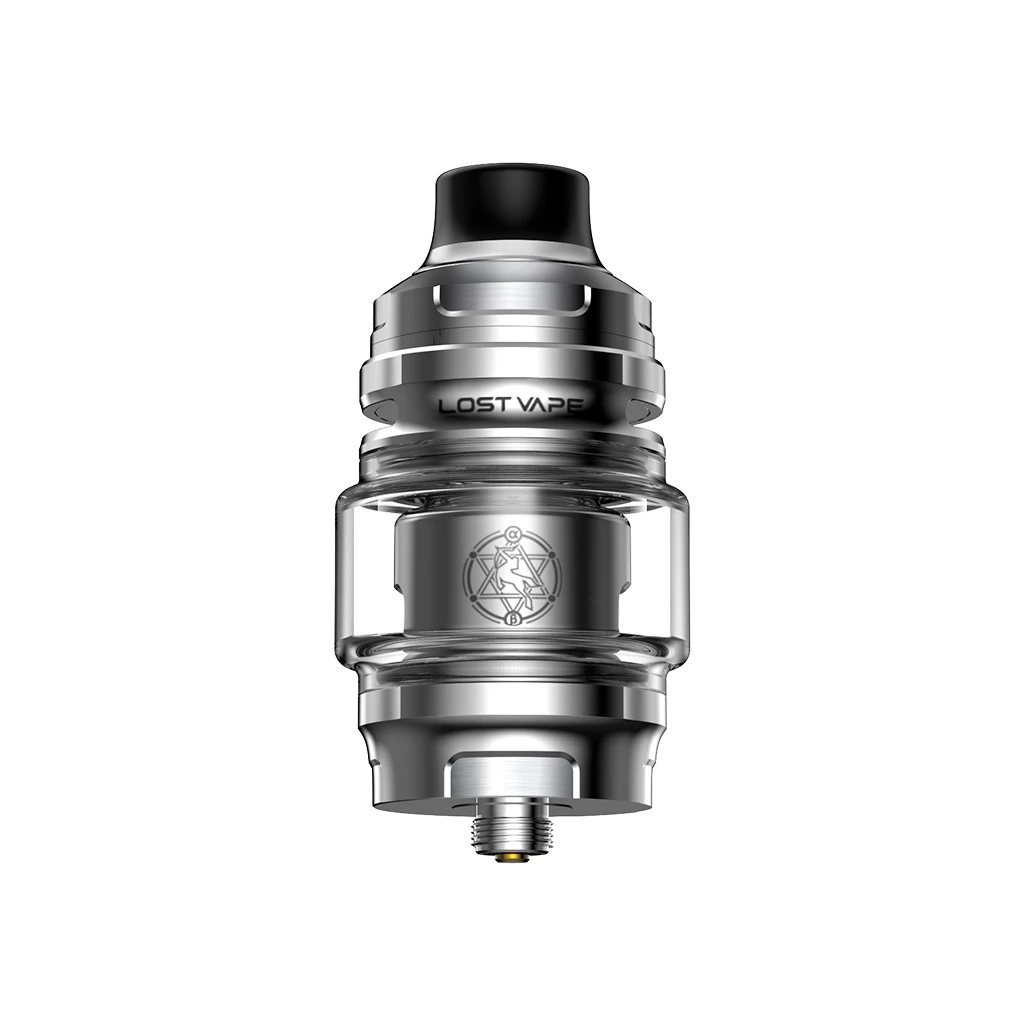 Depósito Lost Vape Centaurus Sub OHM V2 de acabado plateado, con cuerpo transparente abombado, boquilla negra y conector inferior.