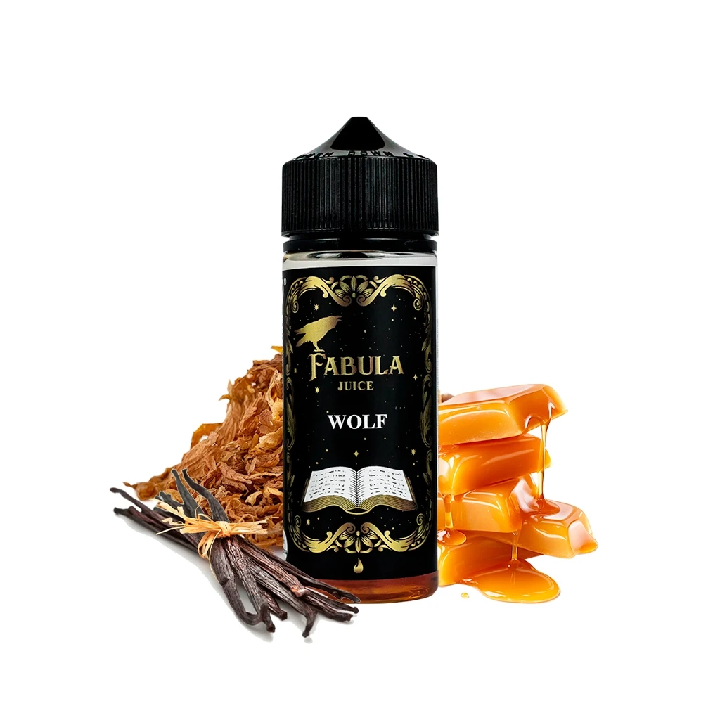 Botella Fabula Juice Wolf Longfill con tapón negro y etiqueta dorada, rodeada de hojas de tabaco, vainas de vainilla y caramelos.