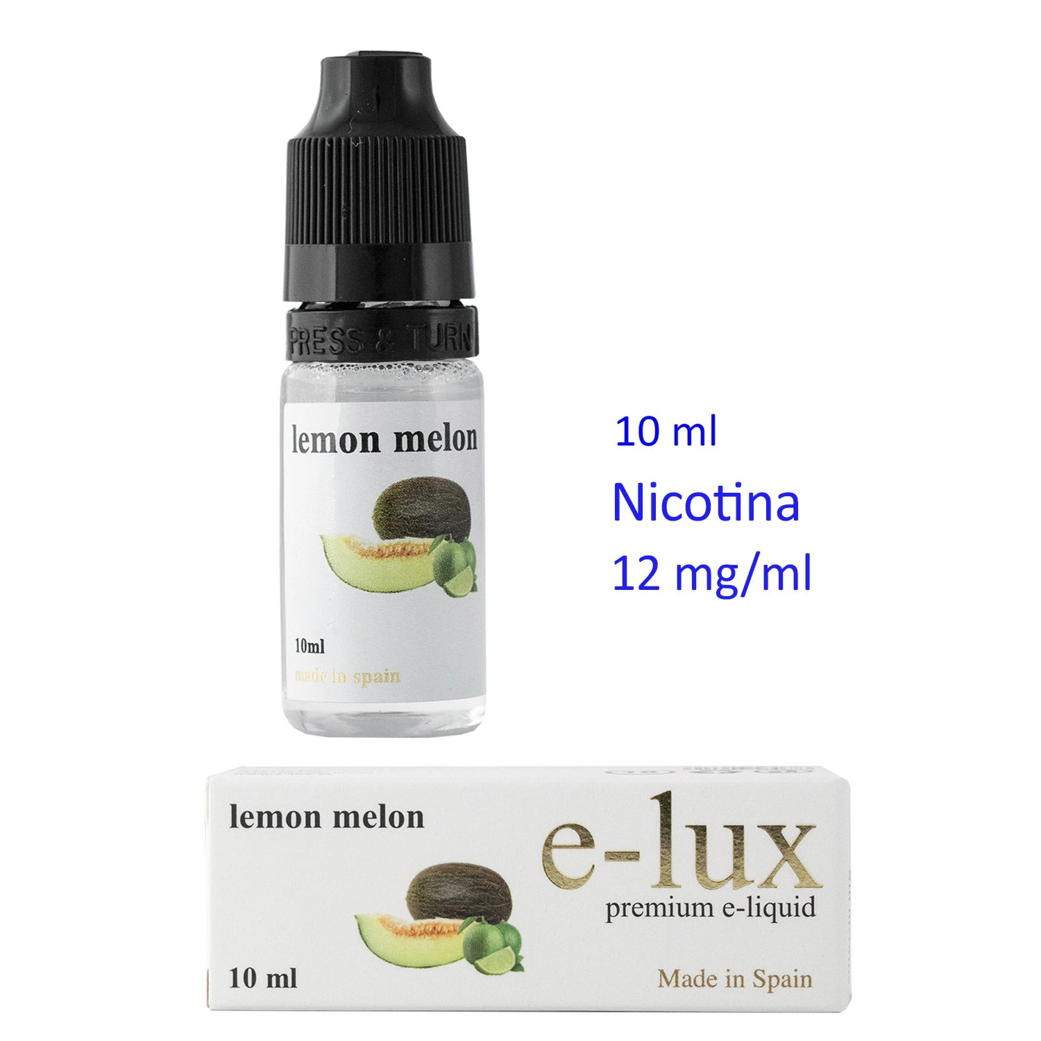 Frasco y caja de e-lux Lemon Melon con dibujos de melón y cítricos; texto lateral de 10 ml y nicotina de 12 mg/ml.