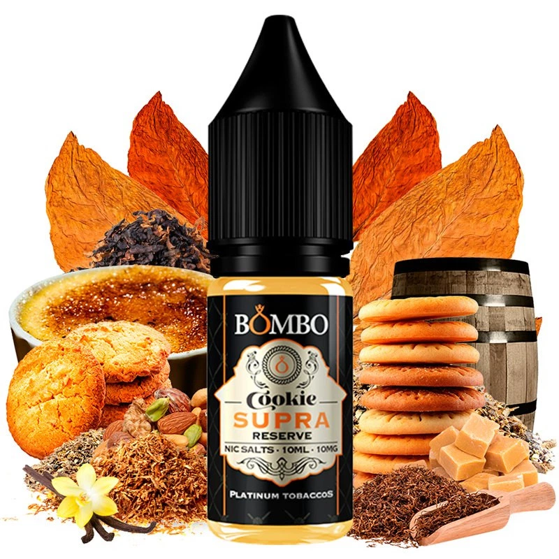 Frasco Bombo Cookie Supra Reserve de 10 ml y 10 mg, rodeado de galletas, hojas de tabaco, vainilla, dados de caramelo y un barril.