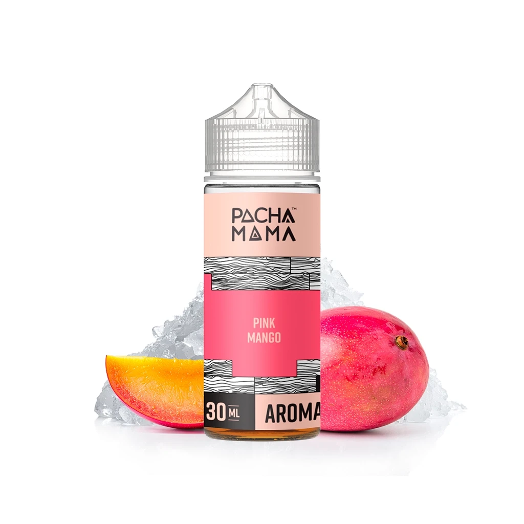 Frasco Pachamama Ice Pink Mango con etiqueta rosa y texto de 30 ml, acompañado de un mango, una rodaja y hielo sobre fondo blanco.
