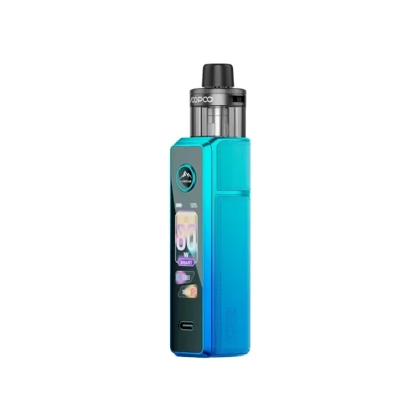 Voopoo Drag X3 en tonos turquesa y azul, con pantalla frontal encendida, puerto inferior y depósito transparente con boquilla negra. Voopoo Drag X3 en tonos turquesa y azul, con pantalla frontal encendida, puerto inferior y depósito transparente con boquilla negra.