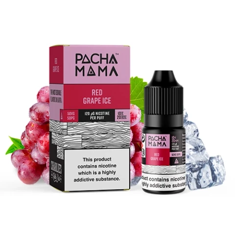 Caja y frasco Pachamama Red Grape Ice con etiquetas rosas y advertencia sobre nicotina, junto a uvas rojas y cubitos de hielo.