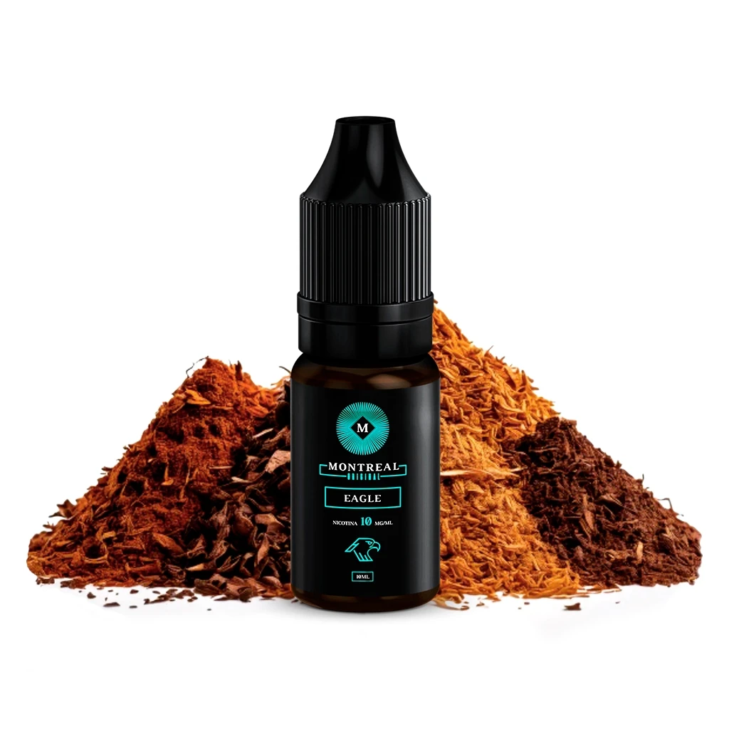 Frasco Montreal Original Salts Eagle con tapón negro y etiqueta turquesa, ante montículos de hojas de tabaco de distintos tonos.