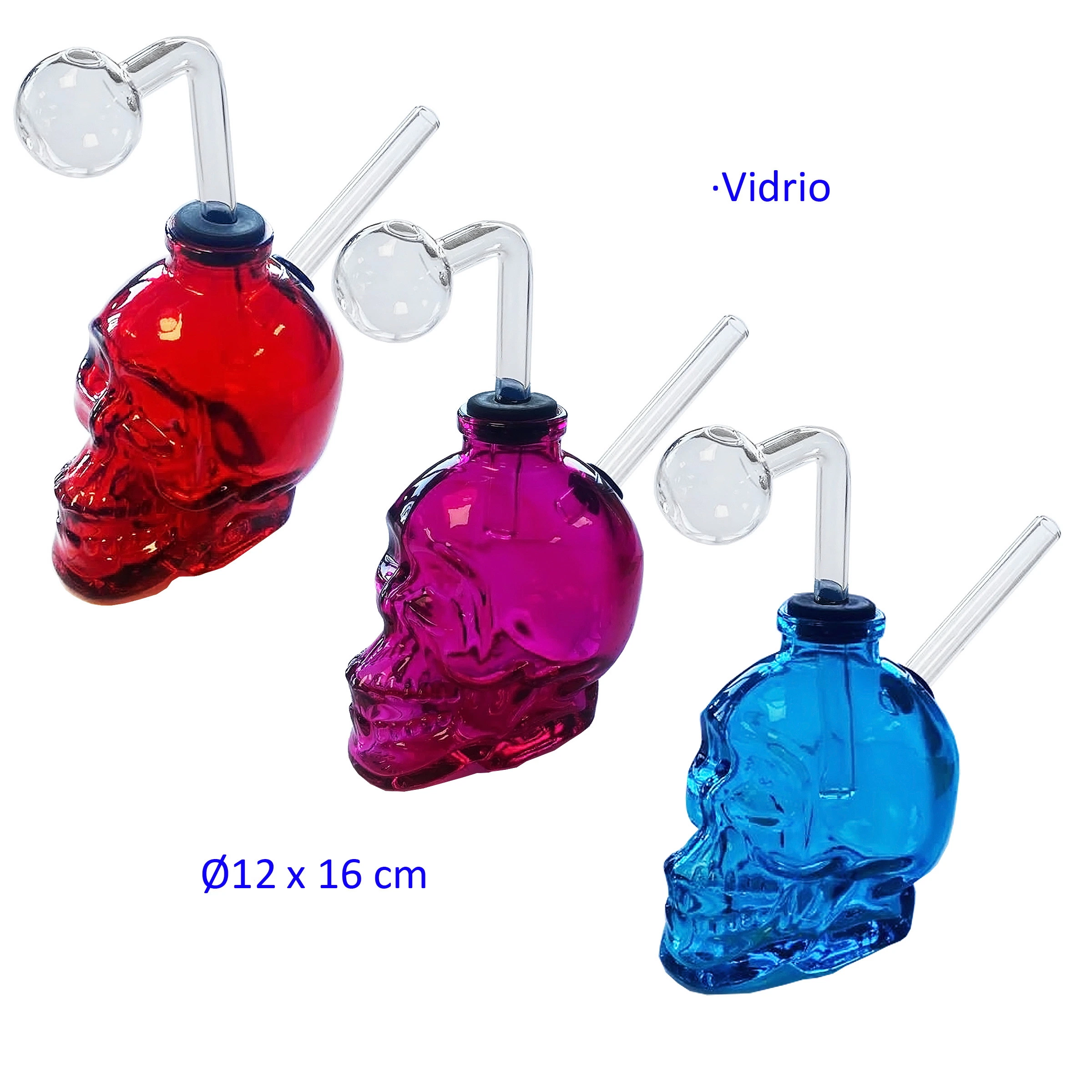 Bongs con cuerpo de calavera translúcida en rojo, violeta y azul, con tubos transparentes y cazoletas esféricas.