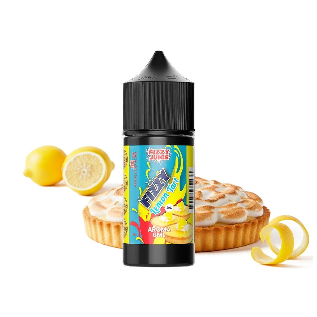 Bote de Fizzy Juice Lemon Tart de 6 ml con tapón negro y etiqueta colorida, delante de una tarta y limones sobre fondo blanco.