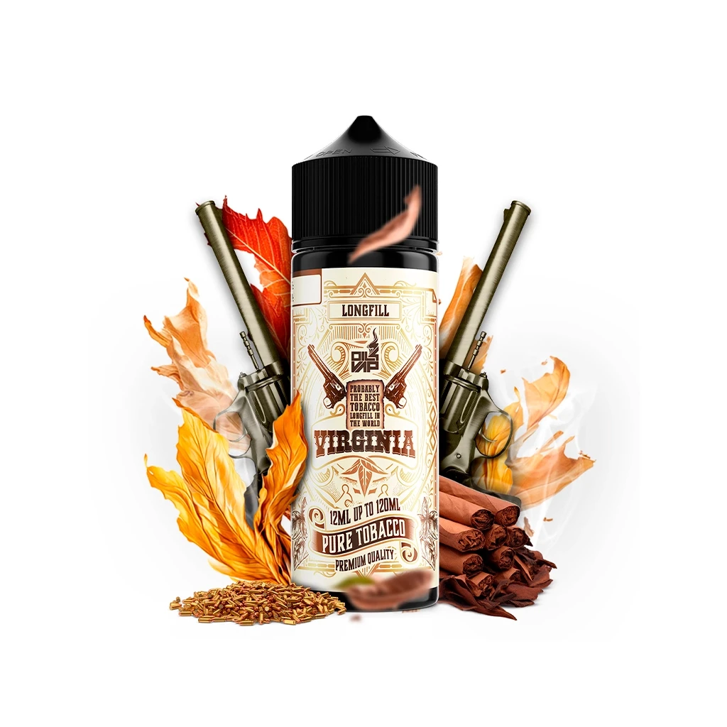 Bote Pure Tobacco Virginia Longfill Oil4Vap con tapón negro, rodeado de hojas, tabaco picado y revólveres decorativos.