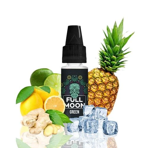 Frasco Full Moon Green con tapón negro, rodeado de piña, lima, limón, jengibre y cubitos de hielo sobre fondo blanco.