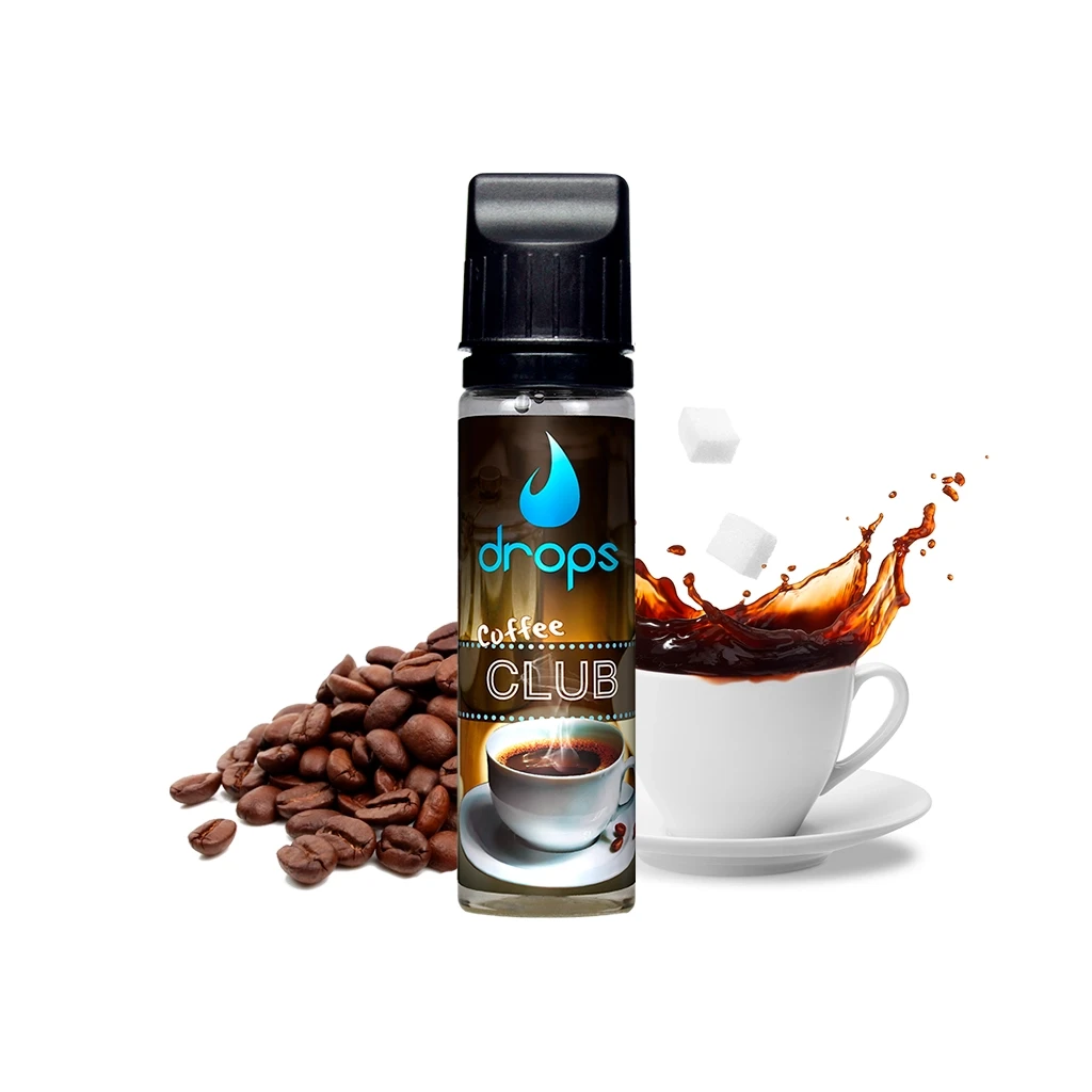 Frasco Drops Coffee Club Longfill con tapón negro, junto a granos de café, terrones blancos y una taza con una salpicadura de café. Frasco Drops Coffee Club Longfill con tapón negro, junto a granos de café, terrones blancos y una taza con una salpicadura de café.