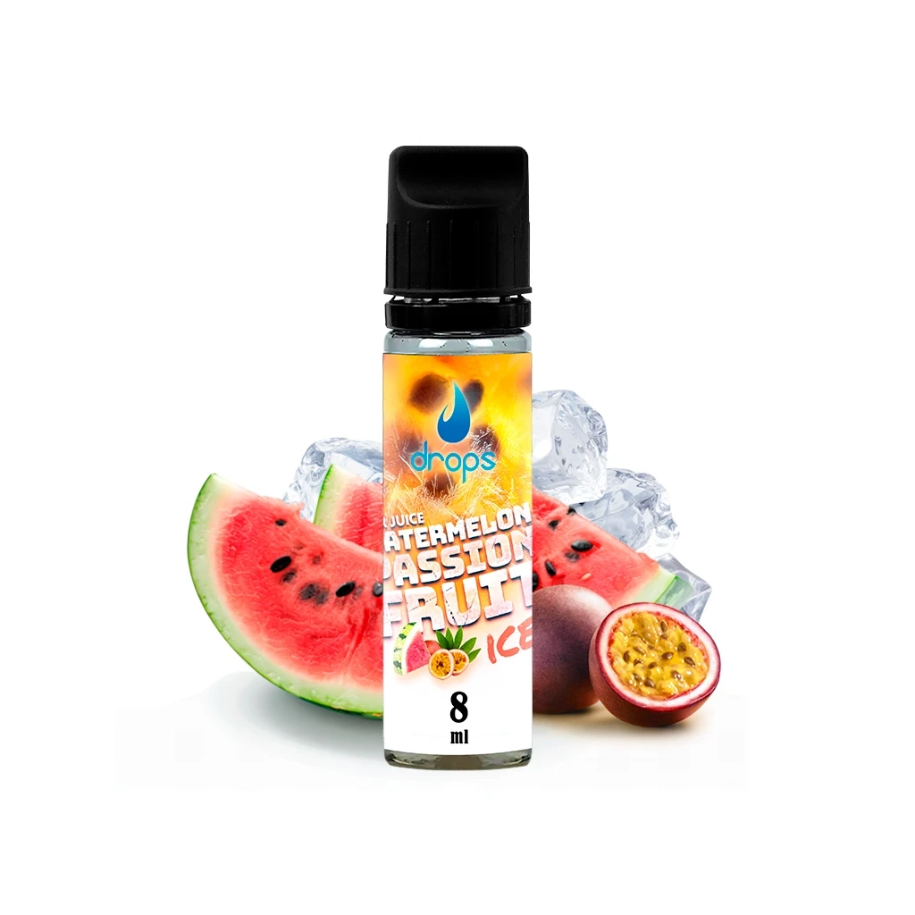 Frasco Drops Watermelon Passion Fruit Ice con etiqueta de 8 ml y tapón negro, rodeado de sandía, maracuyá y cubitos de hielo.