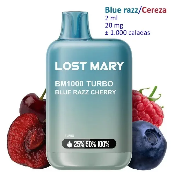 Lost Mary BM1000 TURBO Blue Razz Cherry de color azul verdoso, rodeado de frutas rojas y un arándano, con indicador de potencia frontal.