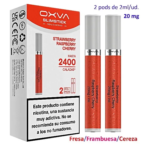 Cartuchos rojos OXVA SlimStick Strawberry Raspberry Cherry de 20 mg/ml junto a su caja con advertencia sobre la nicotina.