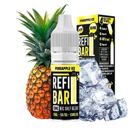 Frasco y caja Refill Bar Pineapple Ice con etiquetas negras y amarillas, junto a una piña y cubitos de hielo.