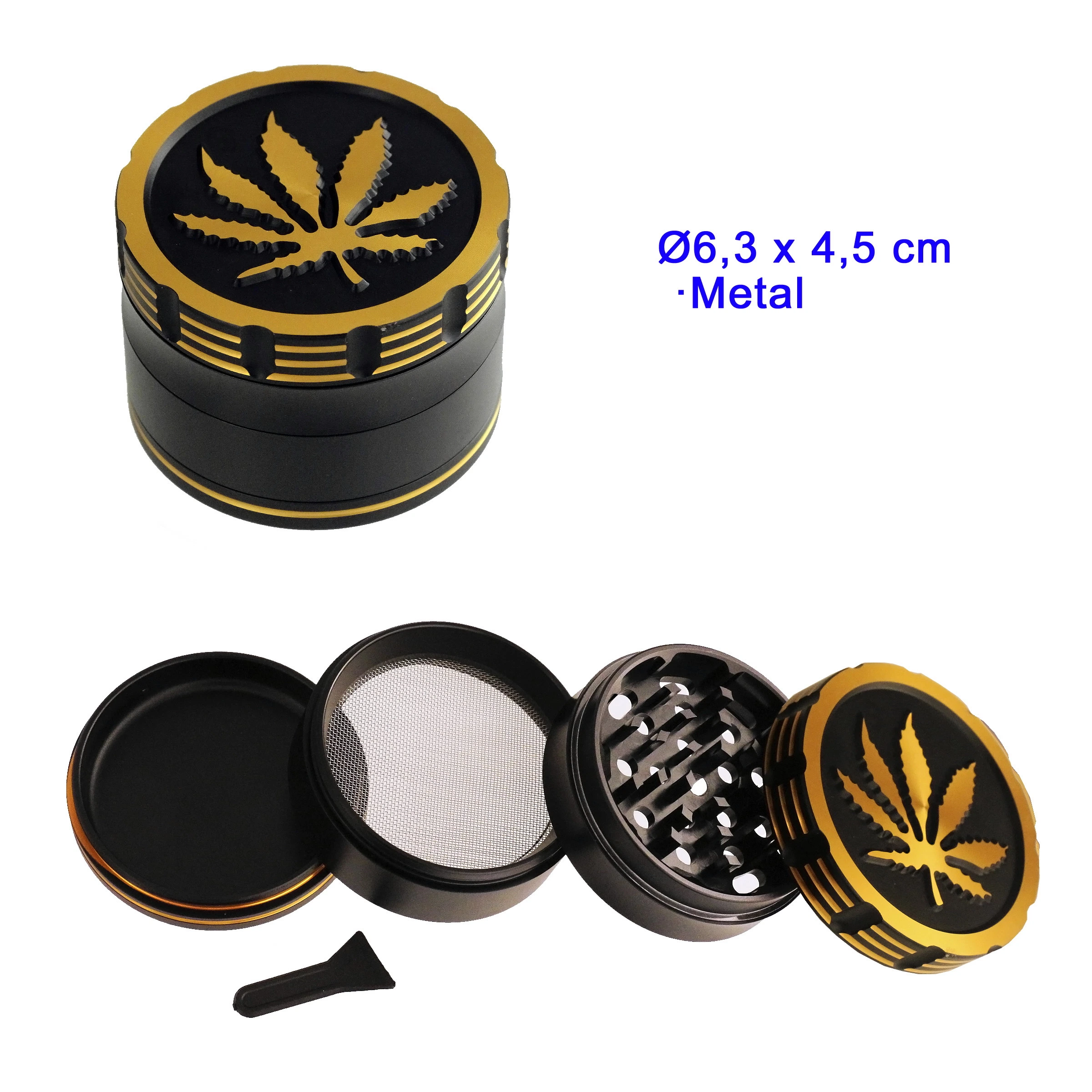Grinder negro y dorado con hoja de cannabis en la tapa, mostrado cerrado y desmontado, con dientes, tamiz y pequeña espátula.