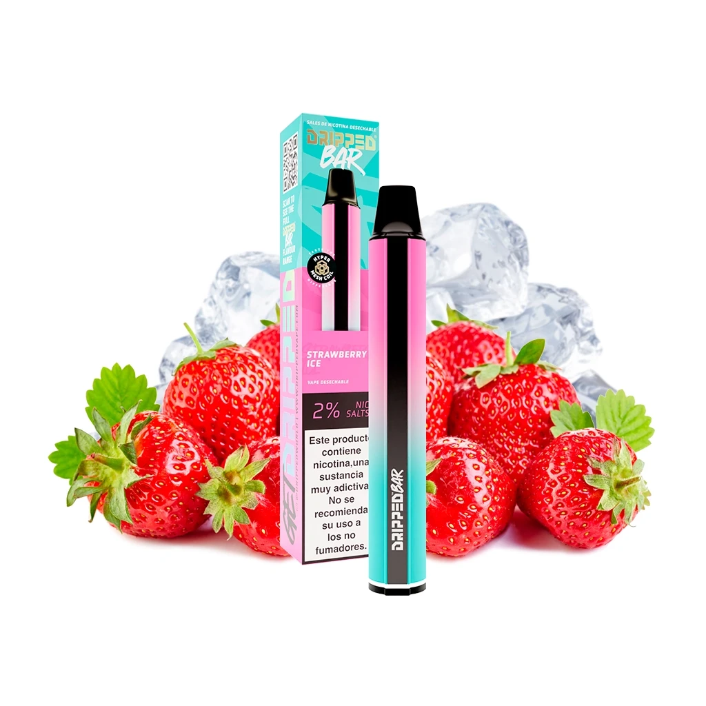 Vaper Dripped Bar Strawberry Ice rosa y turquesa junto a su caja, rodeado de fresas y cubitos de hielo, con etiqueta de nicotina al 2 %.