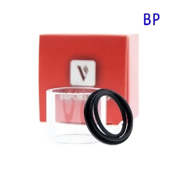 Depósito transparente de Pyrex para Sky Solo de Vaporesso, con juntas negras delante de una caja roja sobre fondo blanco.
