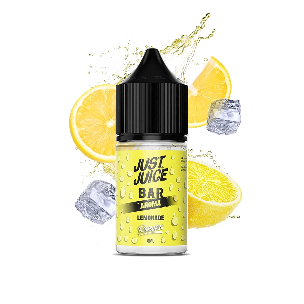 Frasco Just Juice Reborn Lemonade de 6 ml con etiqueta amarilla y tapón negro, rodeado de limones, hielo y salpicaduras.