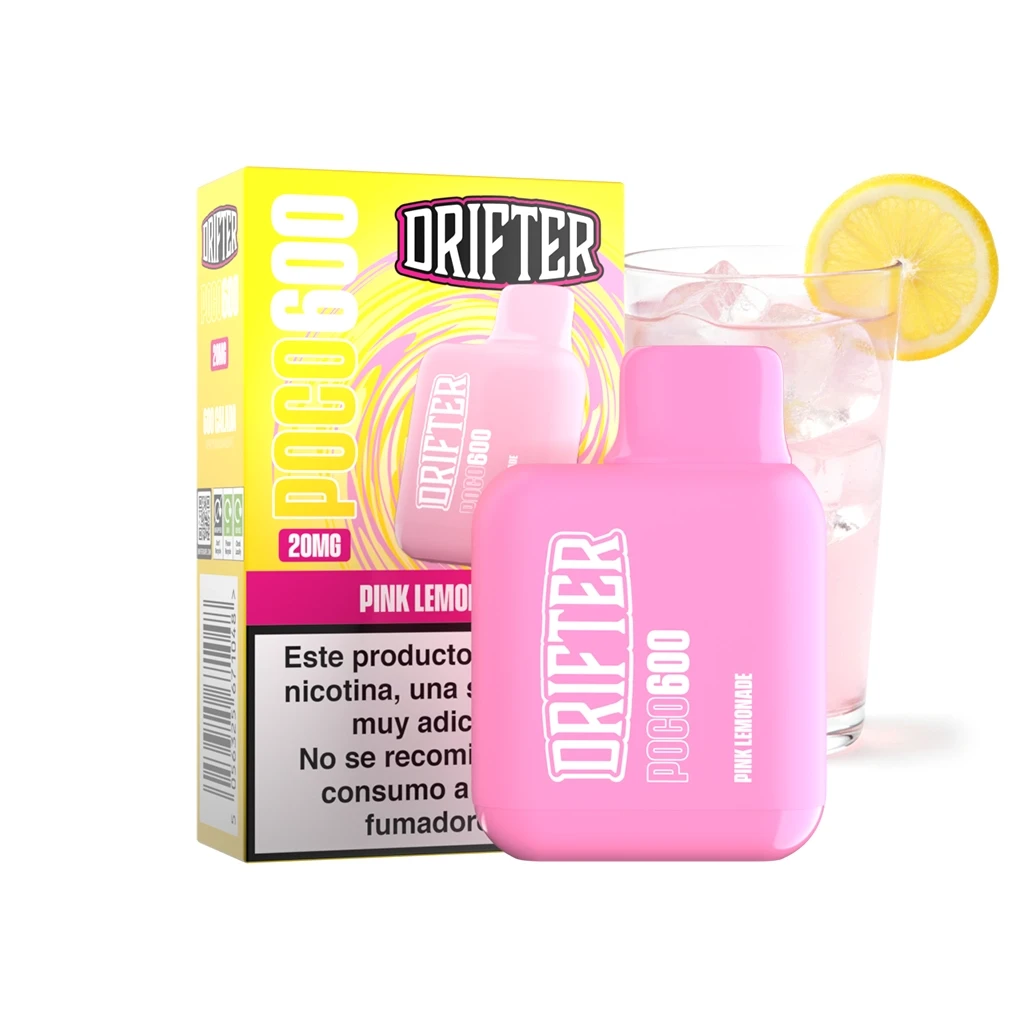 Drifter Poco 600 Pink Lemonade rosa junto a su caja amarilla con indicación 20 mg y un vaso con hielo y una rodaja de limón.