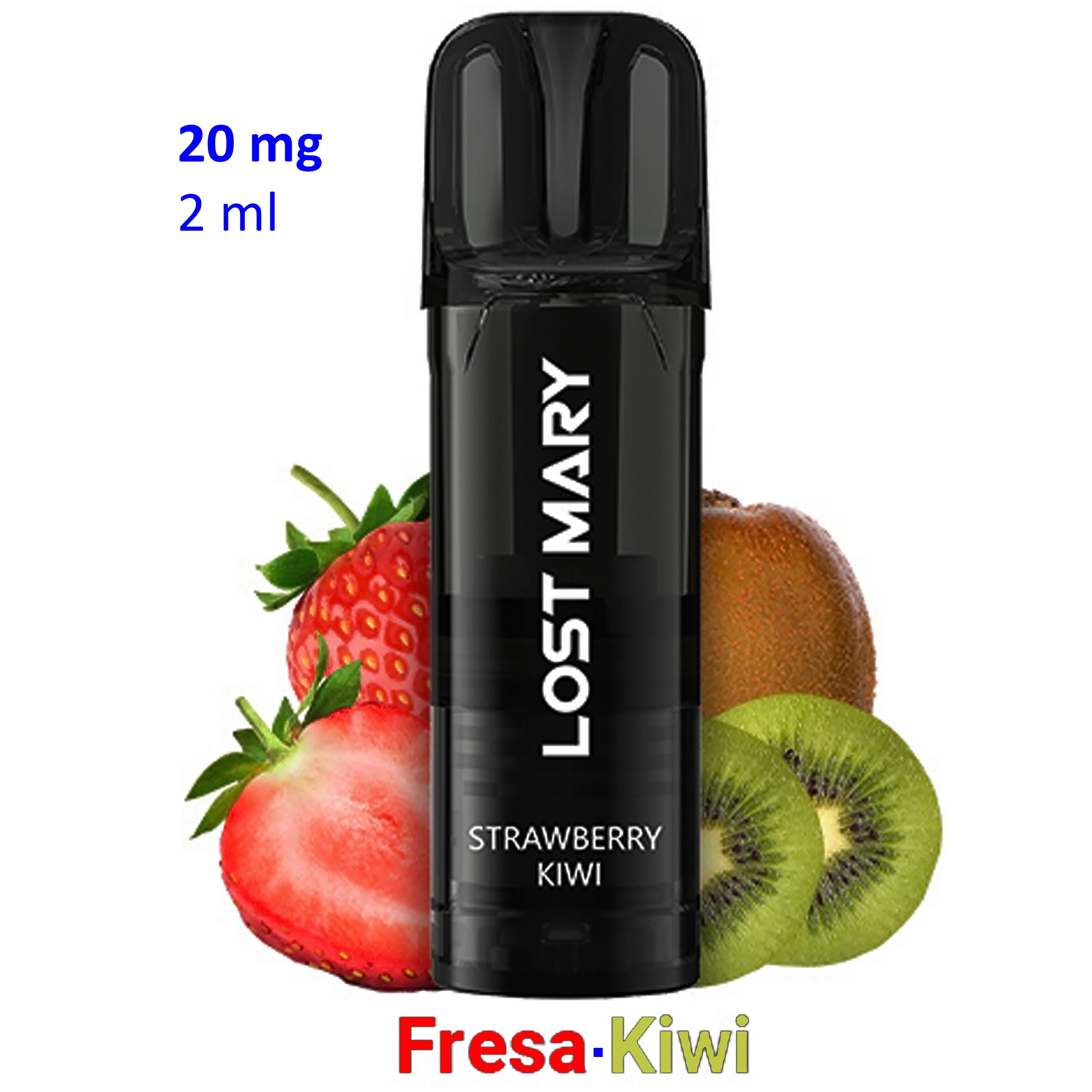 Pod negro Lost Mary Strawberry Kiwi con fresas y kiwi alrededor y las indicaciones de 20 mg y 2 ml sobre fondo blanco.