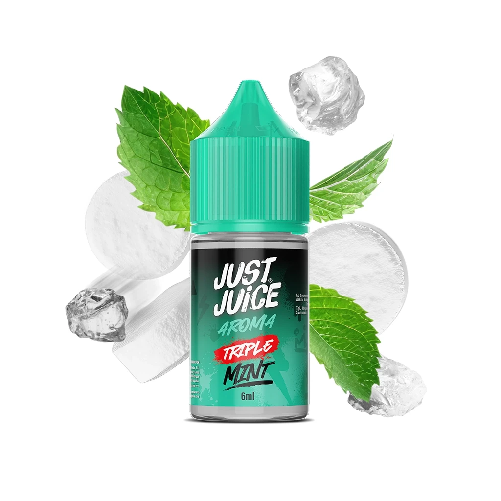 Frasco Just Juice Triple Mint de 6 ml con tapón verde, rodeado de hojas de menta, cubitos de hielo y formas blancas redondeadas.