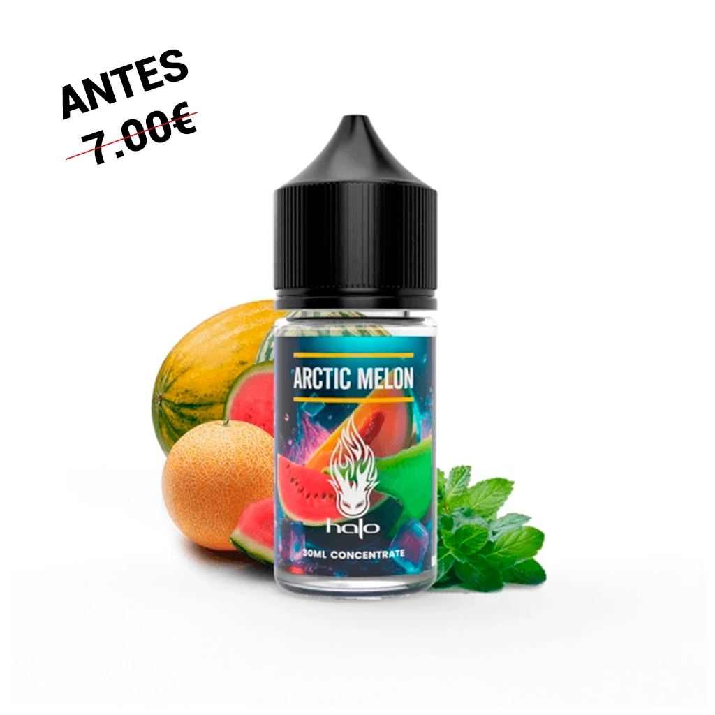 Frasco de aroma Halo Arctic Melon con tapón negro y etiqueta multicolor, acompañado de melones, sandía y hojas de menta.