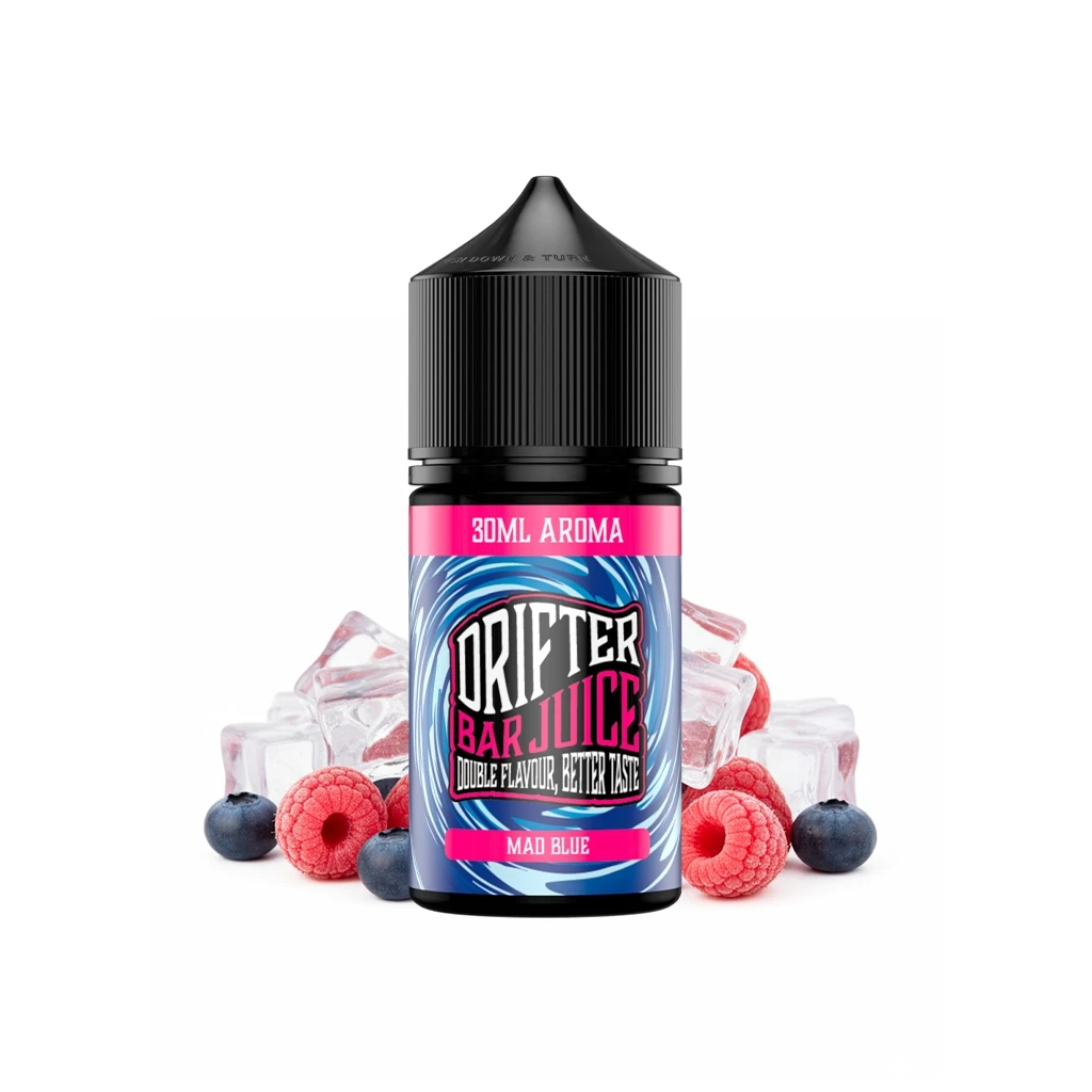 Bote Drifter Bar Juice Mad Blue de 30 ml, con tapón negro y etiqueta azul y rosa, rodeado de frambuesas, arándanos y hielo.