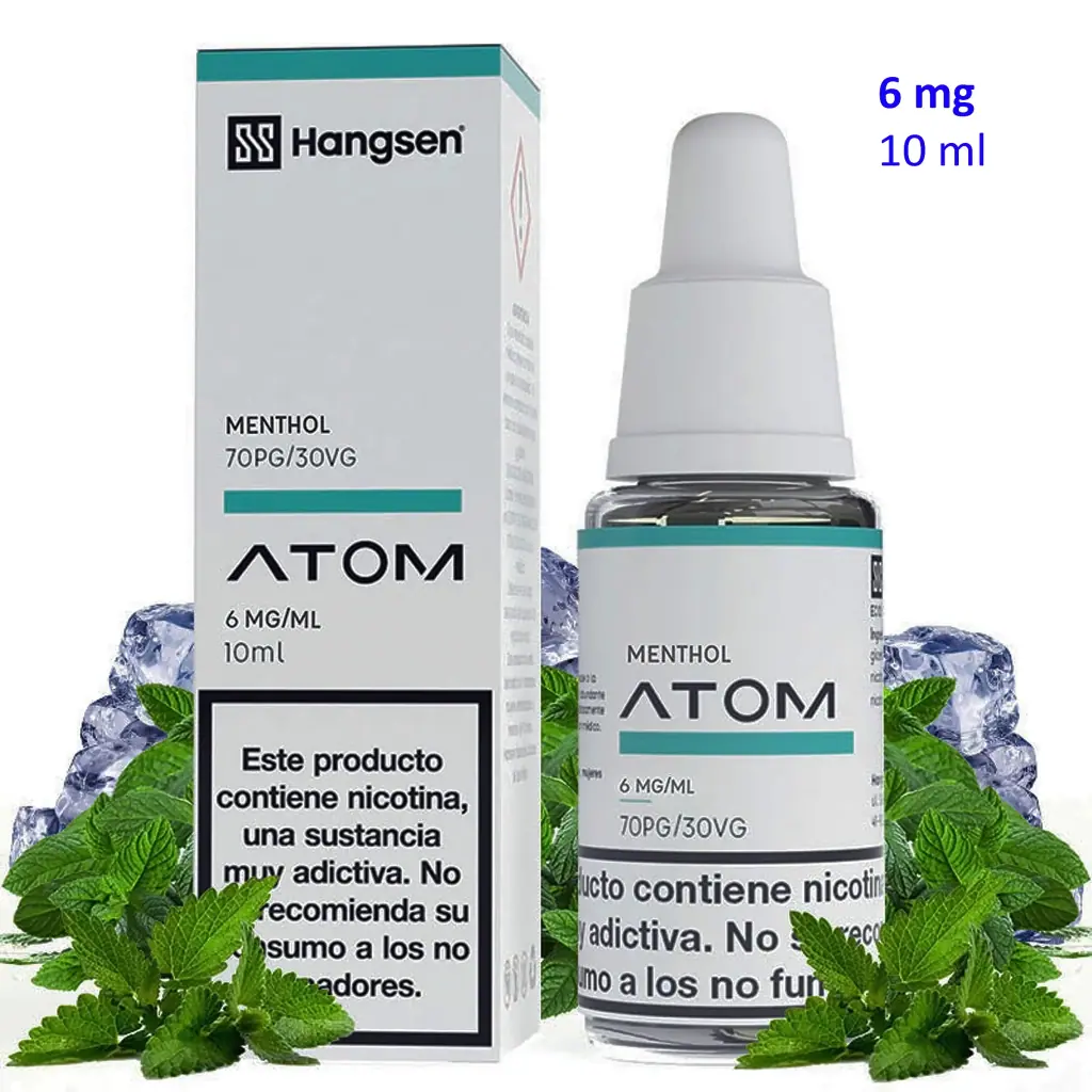 E-líquido Menthol Hangsen Atom con caja y frasco de 10 ml, etiquetado 6 mg/ml y 70PG/30VG, rodeados de hojas de menta y hielo.