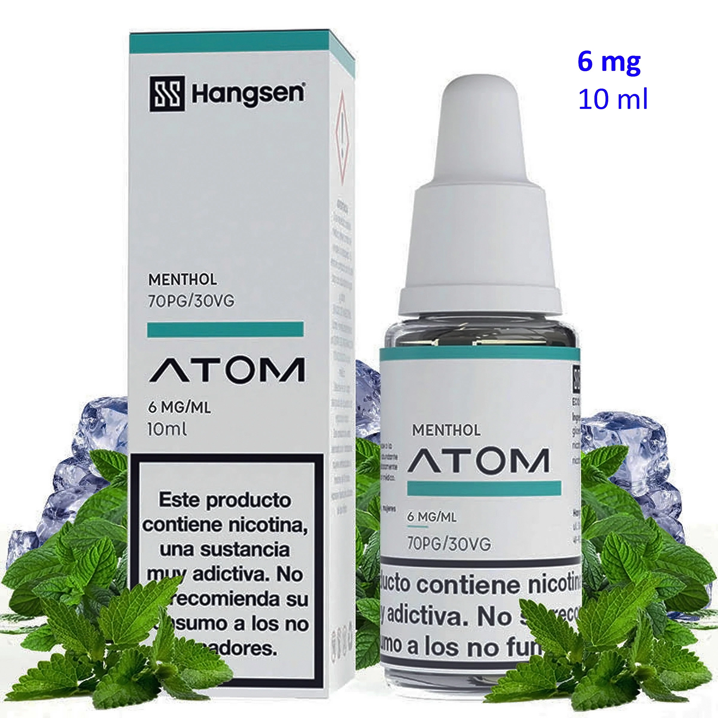E-líquido Menthol Hangsen Atom con caja y frasco de 10 ml, etiquetado 6 mg/ml y 70PG/30VG, rodeados de hojas de menta y hielo.