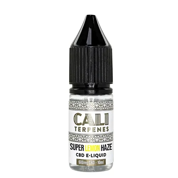 Frasco de E-Liquid CBD Super Lemon Haze de Cali Terpenes con tapón negro y etiqueta que indica 600 mg de CBD y 10 ml.