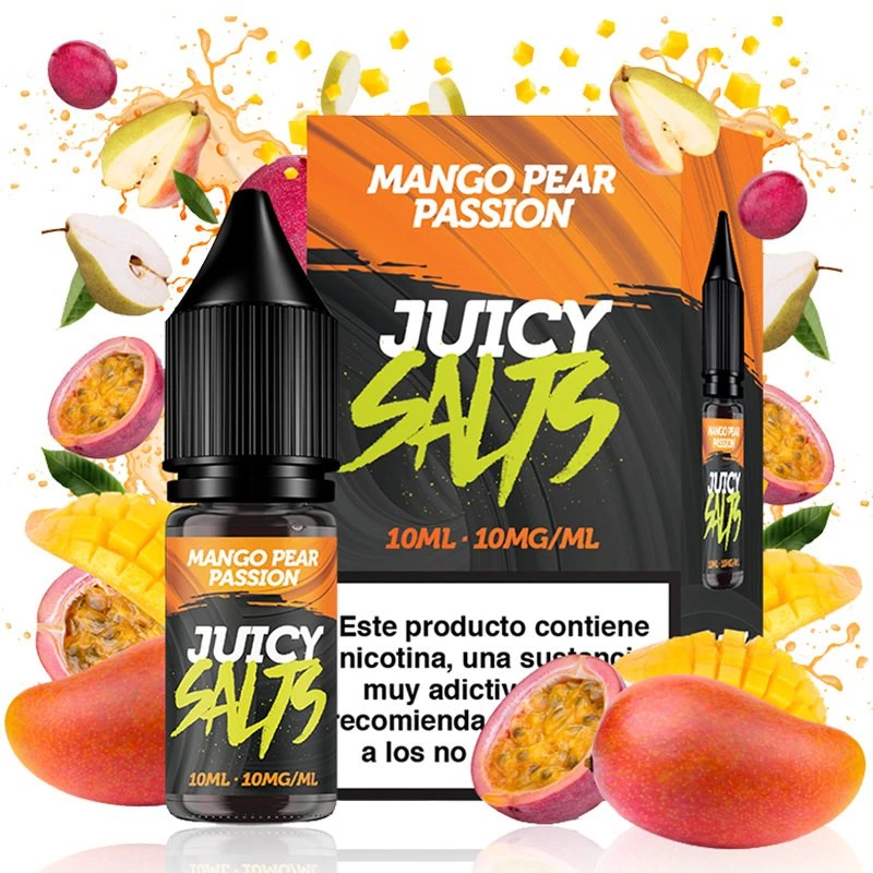 Frasco y caja de Mango Pear Passion de Juicy Salts, con etiqueta de 10 ml y 10 mg/ml, rodeados de mangos, peras y maracuyás.