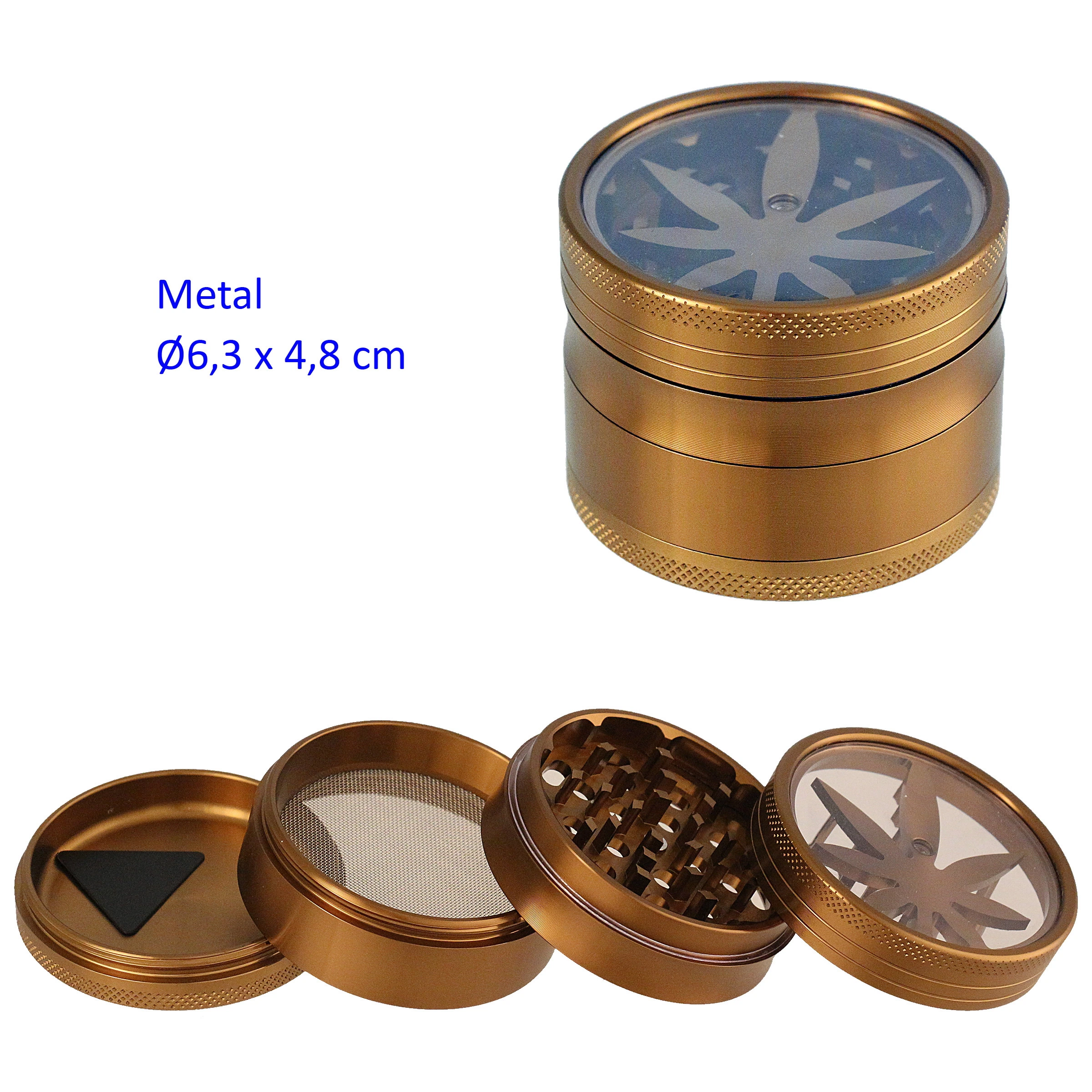 Grinder dorado de 6,3 cm de diámetro, cerrado y desmontado, con dientes, tamiz y tapa transparente decorada con una hoja.