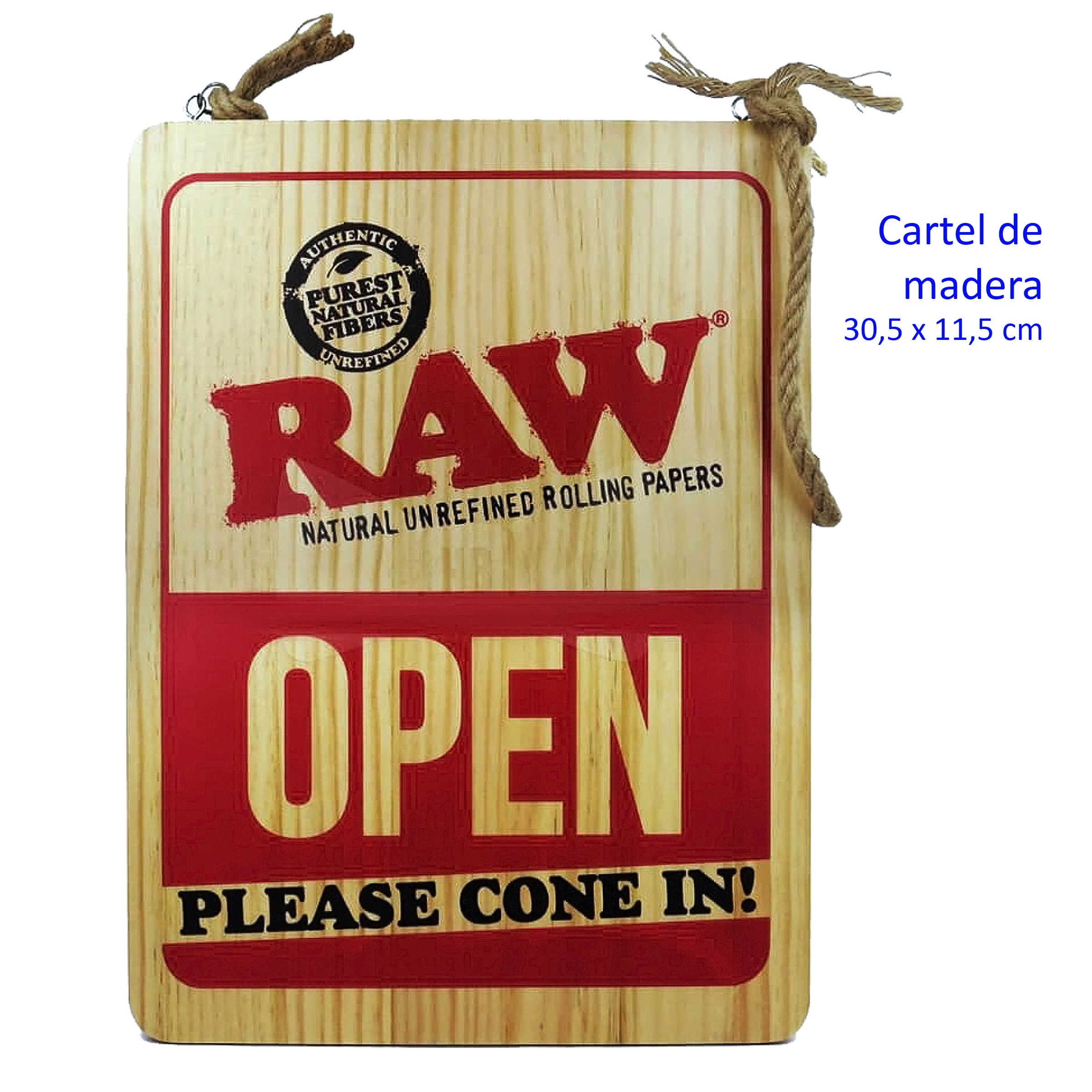 Cartel de madera RAW con cuerda para colgar, diseño rojo y negro y mensajes «OPEN» y «PLEASE COME IN!», de 30,5 x 11,5 cm. Cartel de madera RAW con cuerda para colgar, diseño rojo y negro y mensajes «OPEN» y «PLEASE COME IN!», de 30,5 x 11,5 cm.