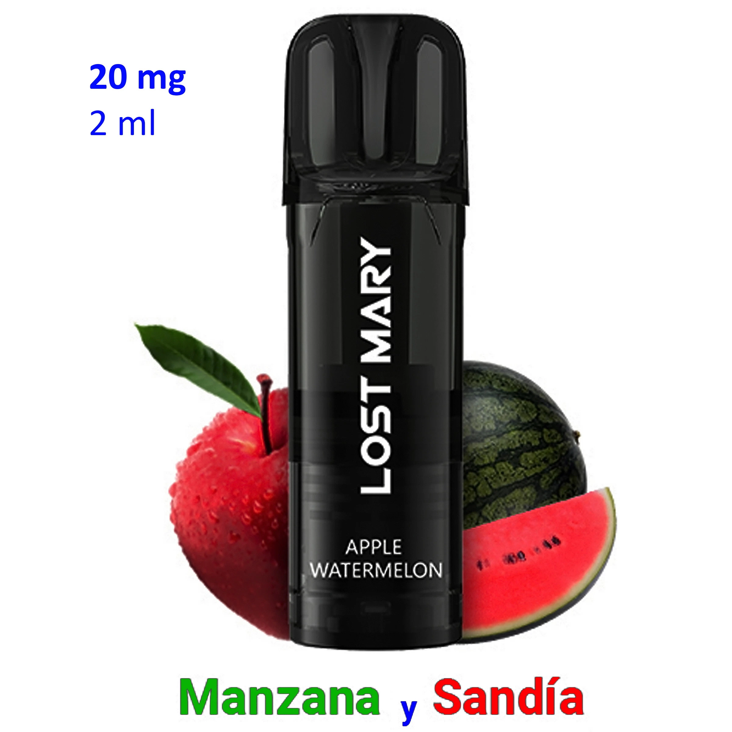 Pod negro Lost Mary Apple Watermelon junto a una manzana y una sandía, con los textos «20 mg», «2 ml» y «Manzana y Sandía».