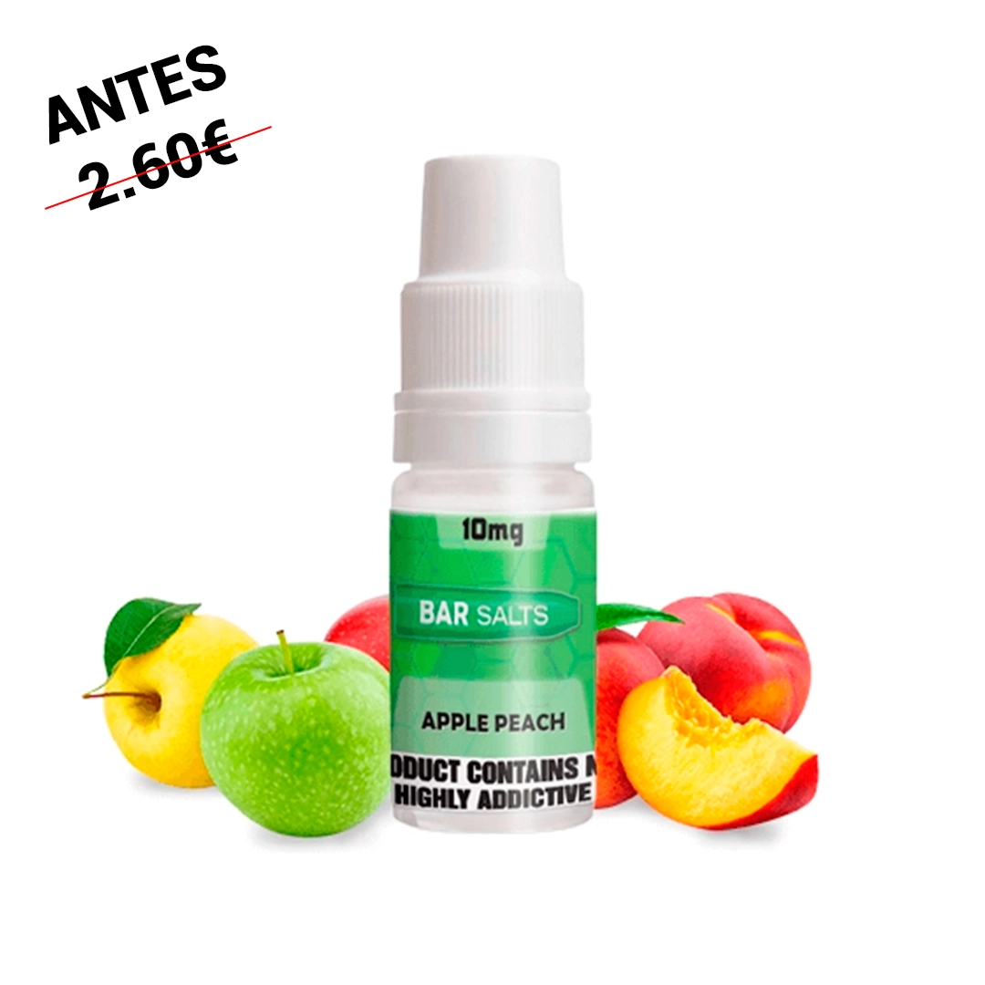 Bote de Bar Salts Apple Peach con tapón blanco y etiqueta verde marcada 10 mg, rodeado de manzanas y melocotones sobre fondo blanco.