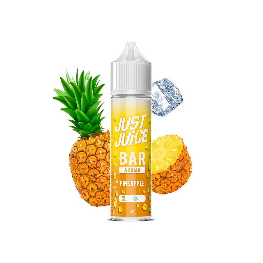 Frasco Just Juice Bar Pineapple con etiqueta amarilla y tapón blanco, rodeado de piña entera, piña cortada y un cubito de hielo.