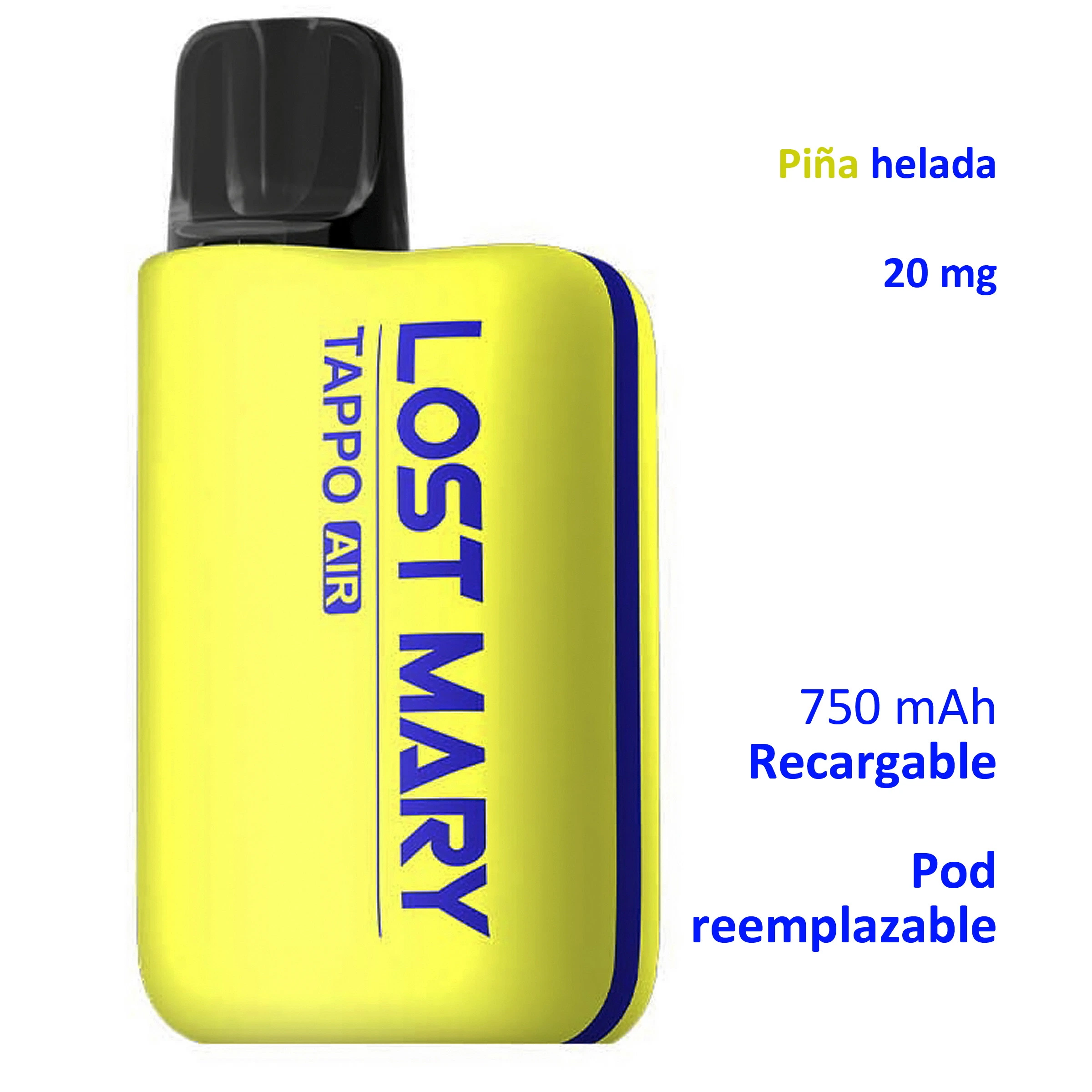 Lost Mary TAPPO Air amarillo con boquilla negra, junto a textos de piña helada, 20 mg, batería recargable de 750 mAh y pod reemplazable.