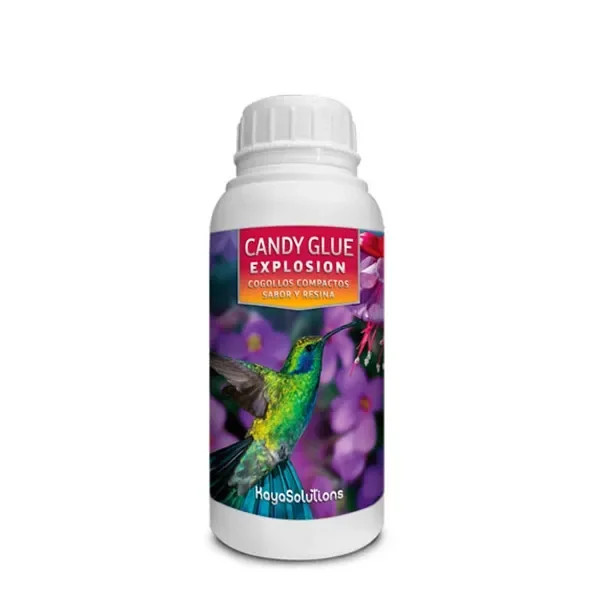 Bote blanco de Candy Glue Explosion de Kaya Solutions, con tapón estriado y etiqueta de un colibrí verde entre flores moradas.