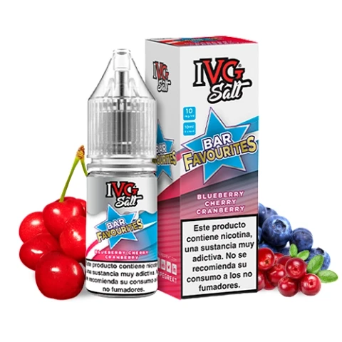 Frasco y caja de IVG Bar Salts Blueberry Cherry Cranberry, con etiqueta rosa y azul, junto a cerezas, arándanos y frutos rojos.