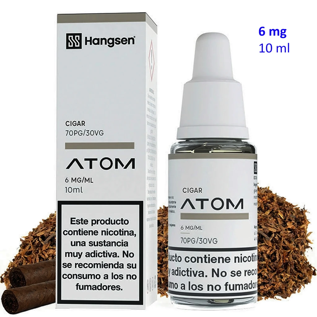 Frasco y caja de Hangsen Atom Cigar con etiqueta de 6 mg/ml y 10 ml, junto a tabaco picado y puros sobre fondo blanco.