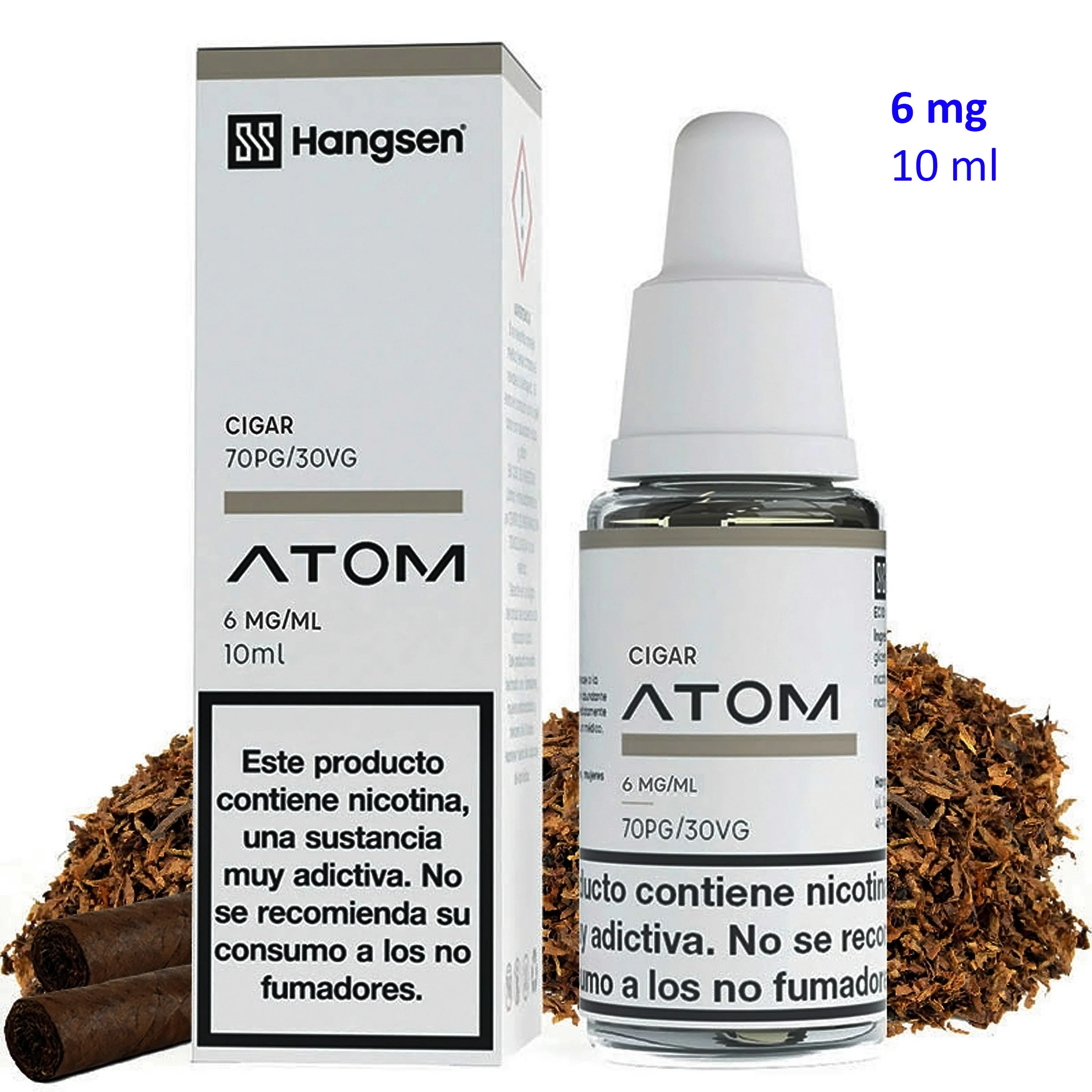 Frasco y caja de Hangsen Atom Cigar con etiqueta de 6 mg/ml y 10 ml, junto a tabaco picado y puros sobre fondo blanco.