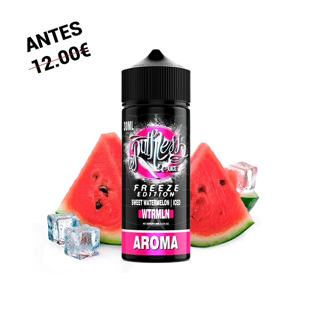 Frasco negro de Ruthless Freeze Edition Wtrmln con etiqueta rosa, rodeado de rodajas de sandía y cubitos de hielo.