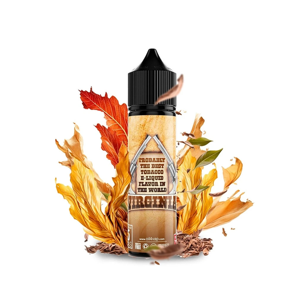 Frasco de Virginia Longfill Oil4Vap con tapón negro y etiqueta beige, rodeado de hojas amarillas, rojizas y tabaco picado.