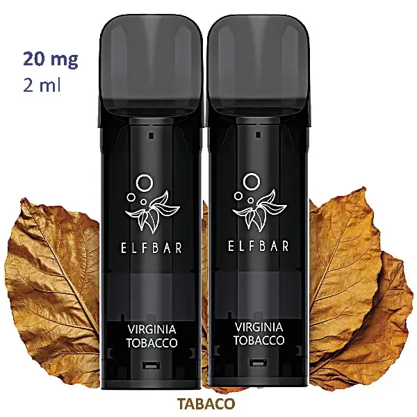 Pods negros Elfbar Virginia Tobacco con boquilla oscura, hojas de tabaco al fondo y las indicaciones 20 mg y 2 ml.