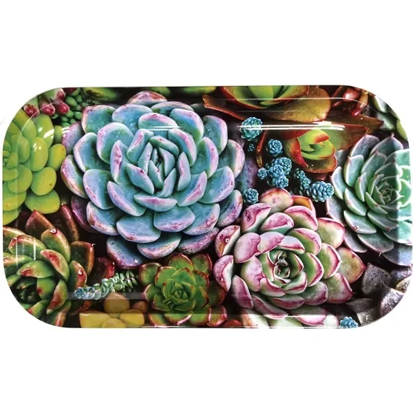 Bandeja rectangular de esquinas redondeadas con estampado de suculentas en tonos verdes, azulados y rosados sobre fondo blanco.