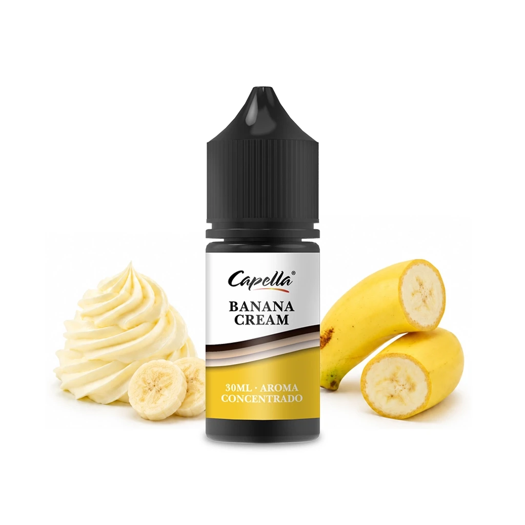 Frasco de aroma concentrado Banana Cream de Capella, de 30 ml, con tapón negro, junto a plátanos cortados y una espiral de crema.