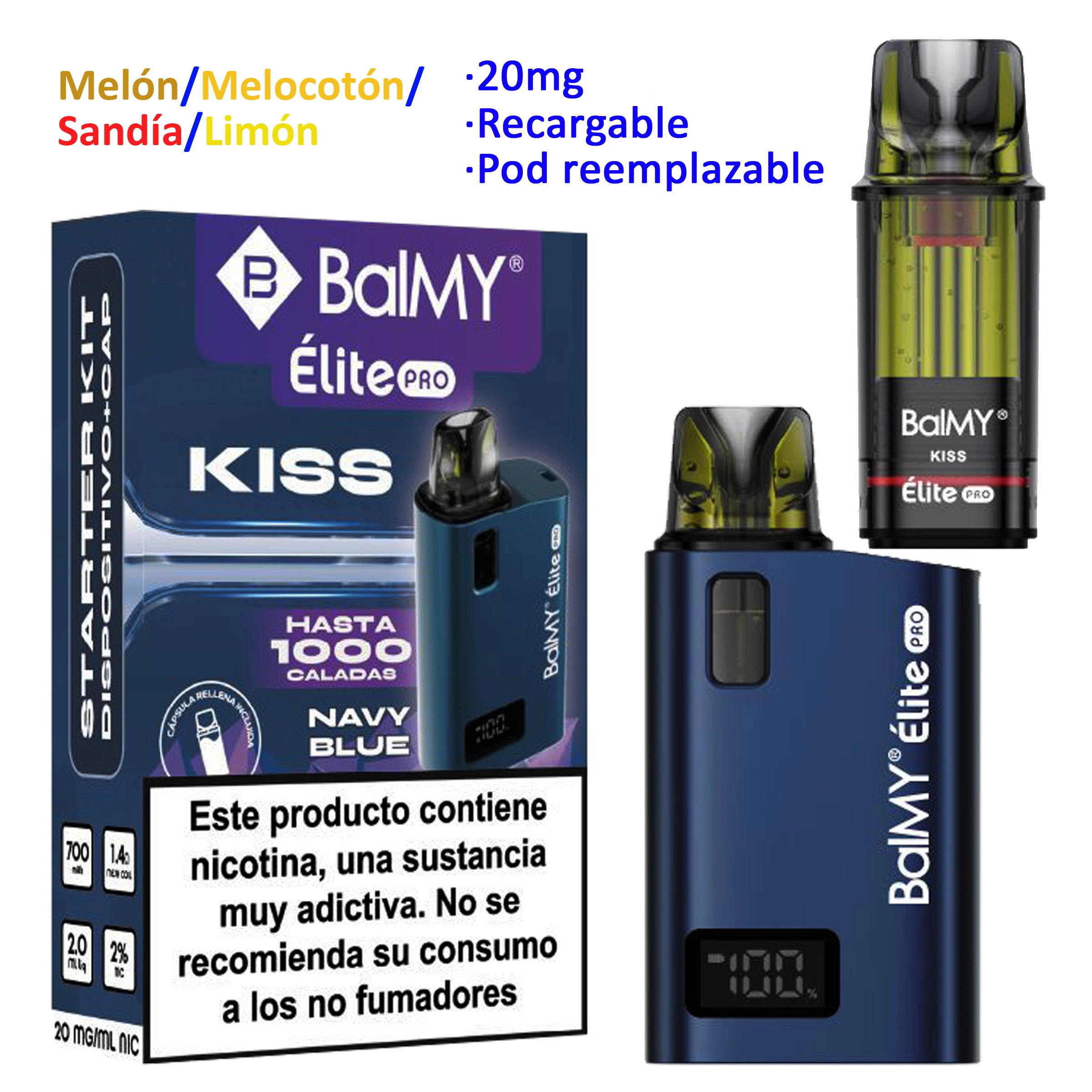 Kit BalMY Élite Pro Kiss azul marino con caja, dispositivo con pantalla y pod separado; texto de 20 mg, recargable y pod reemplazable.