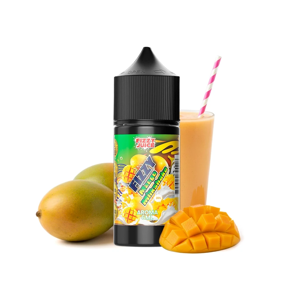 Botella de Fizzy Juice Mango Milkshake Longfill con tapón negro y etiqueta de 6 ml, junto a mangos y un vaso con pajita.