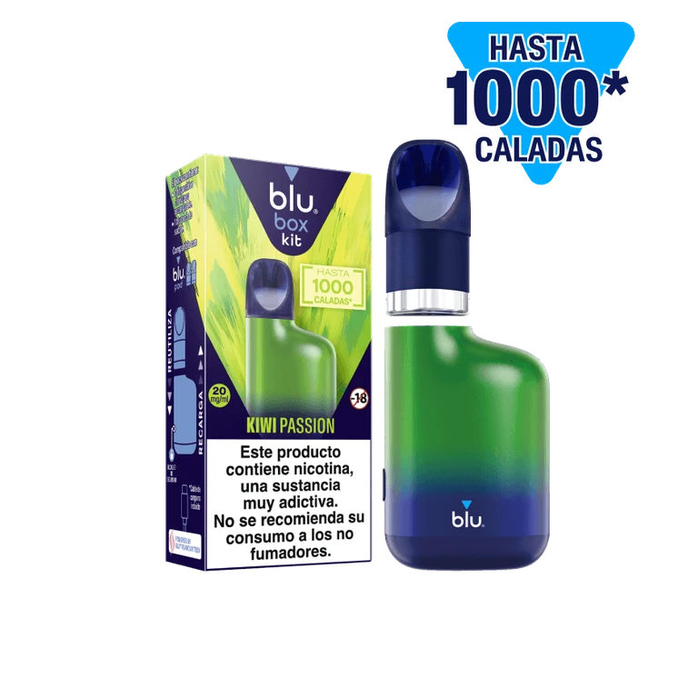 Blu Box Kit Kiwi Passion verde y azul junto a su caja, con boquilla separada y el texto «Hasta 1000 caladas» sobre fondo negro.